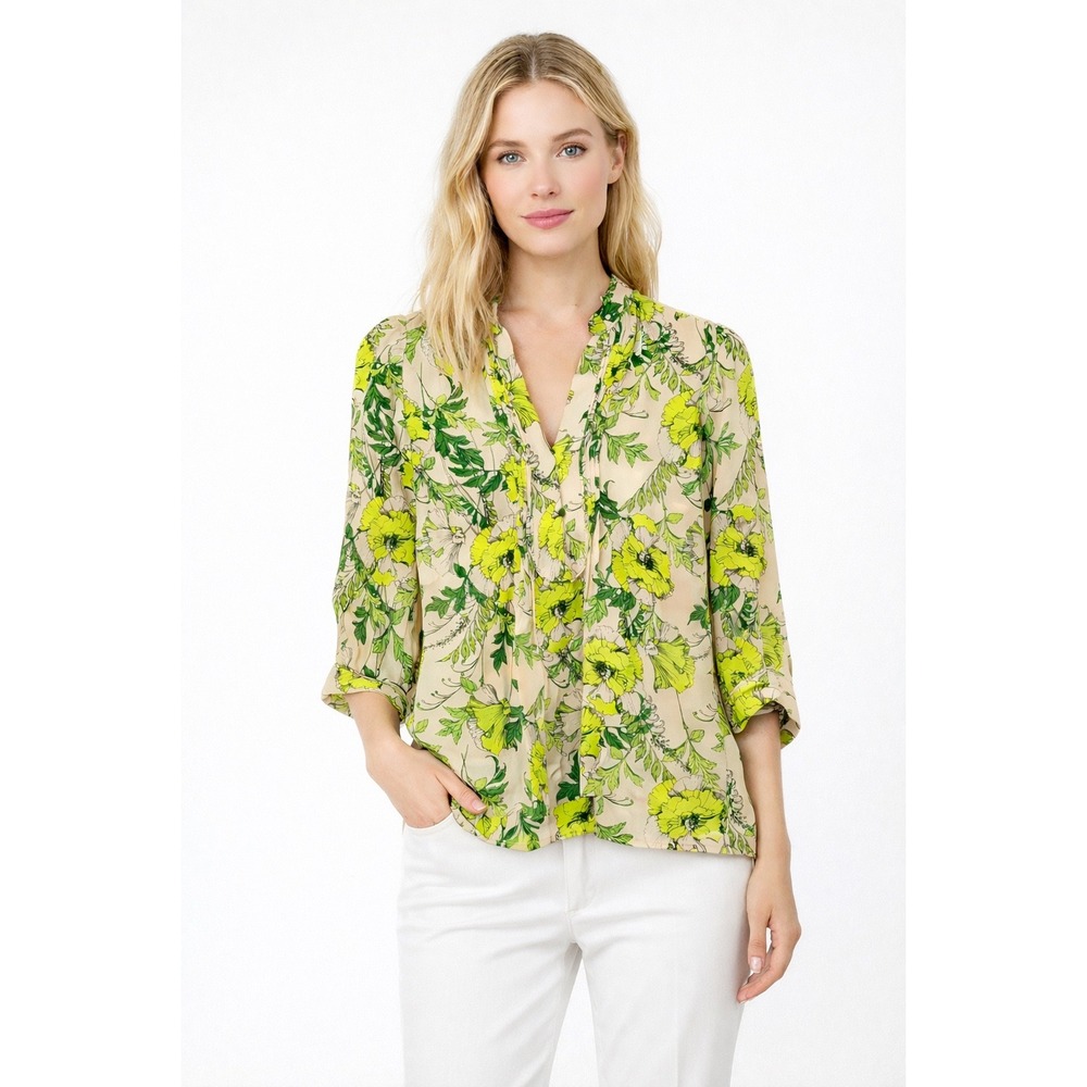 Banana Republic 100% Silk Blouse Top XS‎ Floral Print 3/4 Sleeves Green Spring